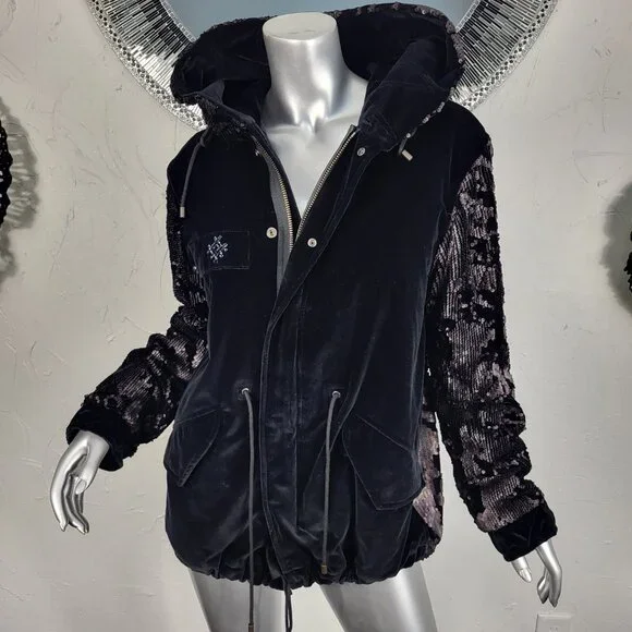 NWT~$2590~MR & MRS ITALY~S/M~BLACK VELVET SEQUIN HOODED PARKA COAT NO FUR